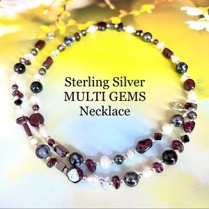 STERLING SILVER PEARL GARNET MULTI GEMS NECKLACE
